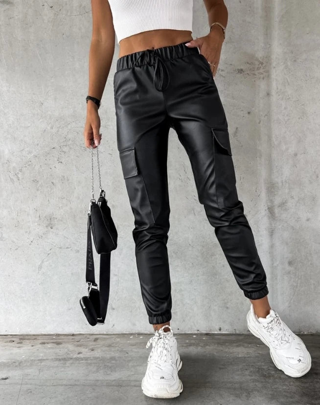 Women Leather Pants Spring Pocket Design Elastic Waist Pu New In Clothing Casual Trousers Sport Jogging Streetwear Cargo Pants