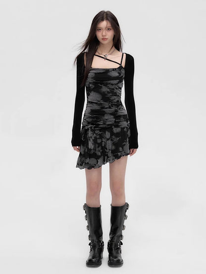 Gothic Punk Floral Asymmetric Ruffle Mini Dress Women Y2k Aesthetic Print Ruched One-piece Dress Acubi Fashion Clothes