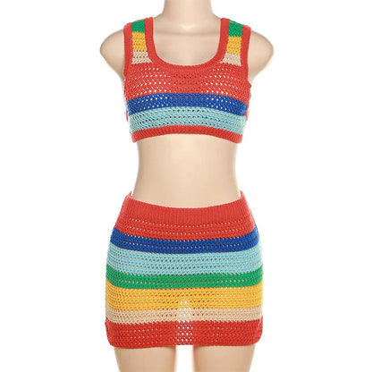 Women's Sexy Hollow Knitting High Waist Matching Color Slim-Fit Sleeveless Bag Hip Dress Summer Fashion Color Mini Dresses