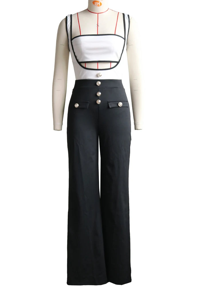 "Mannequin in chic black and white suspender jumpsuit."