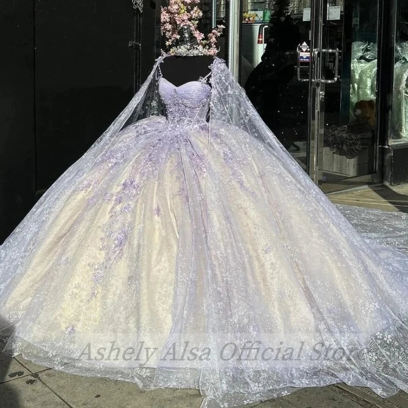 Real Pictures Lilac Mexican Quinceanera Dressess With Cape Applique vestido 15 quinceañeras Sweet 16 VX Prom Party Gown Mariee