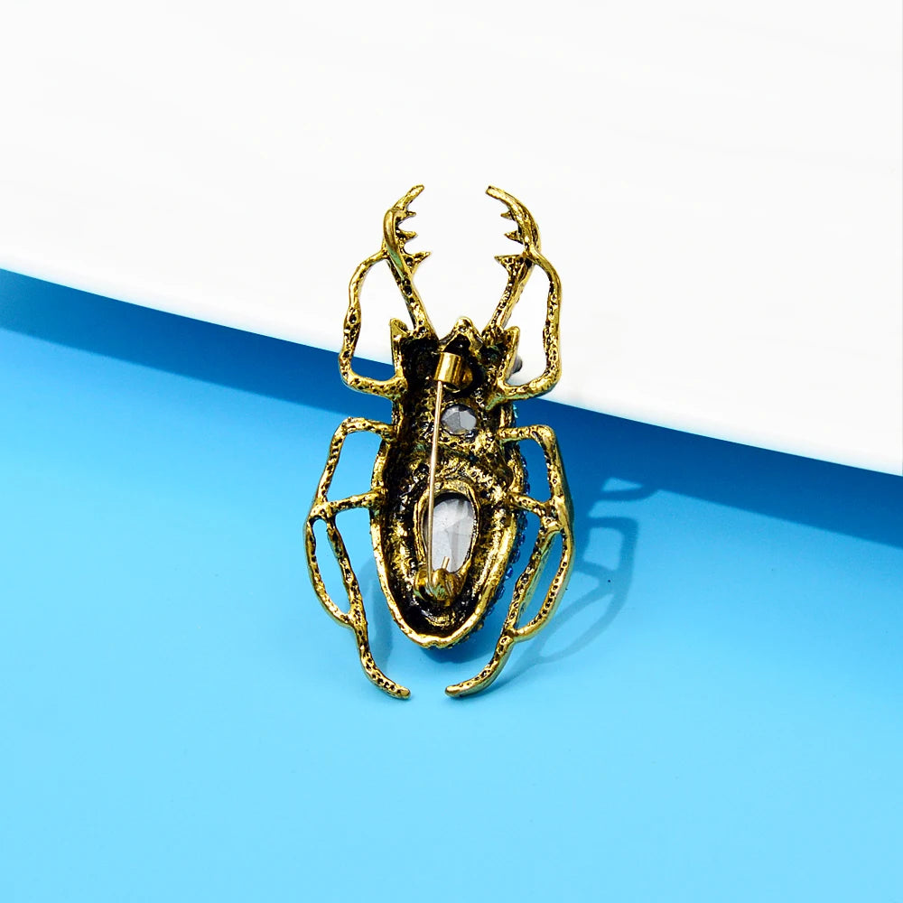 Blue Crystal Beetle Brooches For Women Vintage Bug Pin Insect Jewelry Alloy Material Fashion Coat Accessories