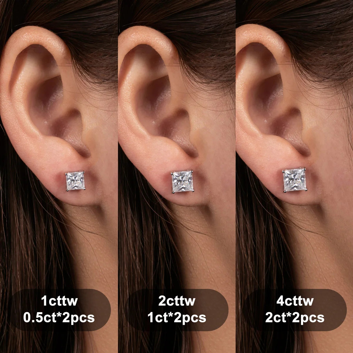 10k Gold Post 4/2/1.2ct Princess Moissanite Women Earrings 10K Gold Post Anti-allergy Stud Earrings For Men Jewelry