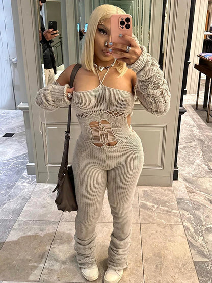Autumn Lady Jumpsuit Sexy Knitted Halter Slash Neck Solid One Piece Attire Girl Lace Up Backless Stacked Pants Hot Overall