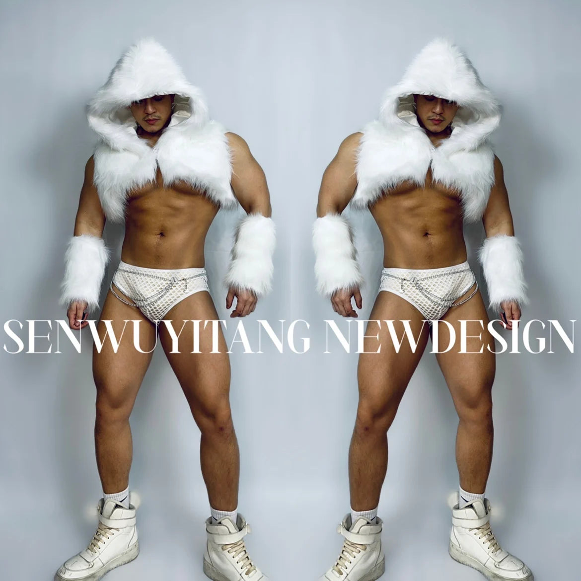 Men White Feather Sleeve Set Dancer Sexy Stage Wear Nightclub Party Show Gogo Pole Dance Costume Muscle Mesh Perspective Outfits