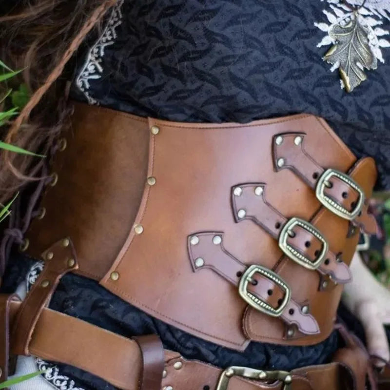 Medieval Witch Sorceress Cosplay Costume Women PU Leather Buckled Waist Cinch Belt Corset Armor Steampunk Waistband Accessory