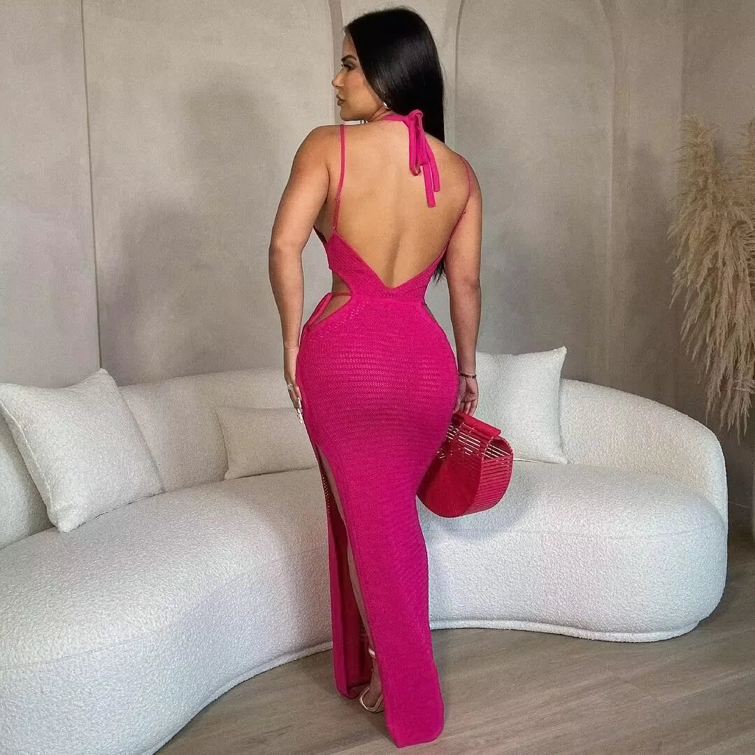 Summer Ladies Elegant Halter Knitted Dress Solid Color Fashion Sleeveless Backless Beach Slim Cut Dresses Hot Chick Style