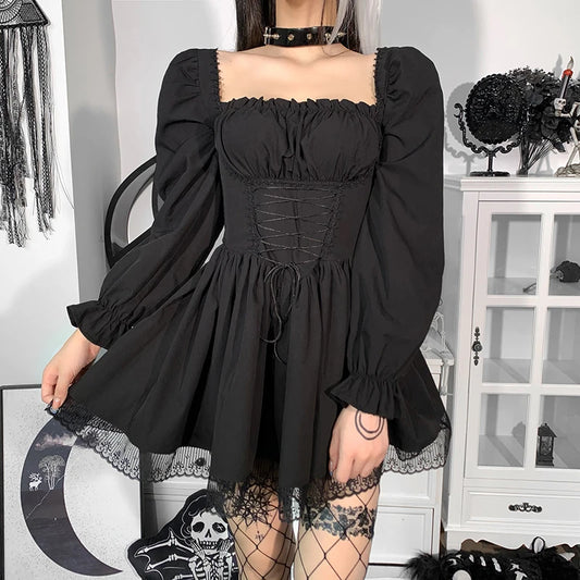 Long Sleeves Lolita Black Dress Goth Aesthetic Puff Sleeve High Waist Vintage Bandage Lace Trim Party Gothic Clothes Dress Woman
