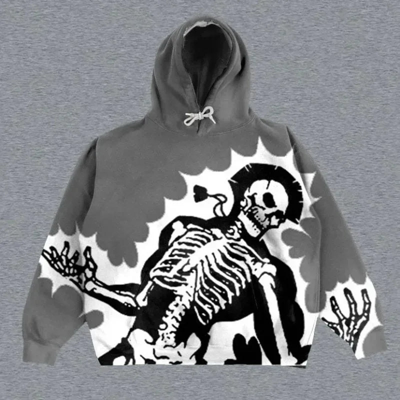 A gray hooded sweatshirt featuring a large graphic of a skeleton in a dynamic pose on the front, perfect for adding that punk style edge to your wardrobe all four seasons is the Maramalive™ Explosions Printed Skull Y2K Retro Hooded Sweater Coat Street Style Gothic Casual Fashion Hooded Sweater Men's Female.