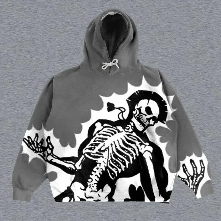 A Maramalive™ Explosions Printed Skull Y2K Retro Hooded Sweater Coat Street Style Gothic Casual Fashion Hooded Sweater Men's Female featuring a black and white graphic of a skeleton in a dynamic pose against a cloud-like background, embodying punk style that's perfect for all four seasons.