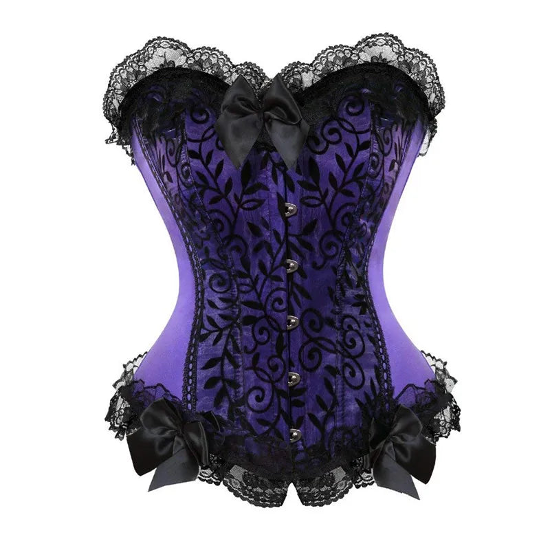 Corset Bustier Top Fashion Womens Sexy Bow Lace Brocade Lingerie Shapewear Green Purple Corselet Overbust Plus Size