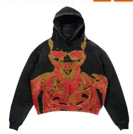 A Maramalive™ Explosions Printed Skull Y2K Retro Hooded Sweater Coat Street Style Gothic Casual Fashion Hooded Sweater Men's Female with a red and gold skeletal design on the chest and hood, perfect for men and versatile enough for all four seasons.