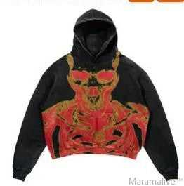 Explosions Printed Skull Y2K Retro Hooded Sweater Coat Street Style Gothic Casual Fashion Hooded Sweater Men's Female