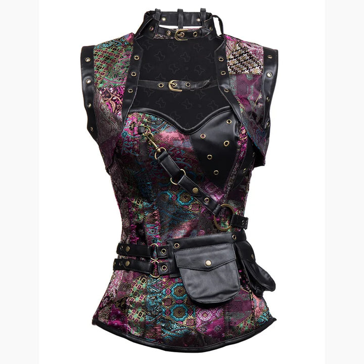 A Maramalive™ Retro Jacquard Floral Corsets Top Steampunk Women Sexy Goth Corset Overbust Gothic Bustier Bodice Femme Punk Clothing Plus Size adorned with various patterns and textures, featuring black leather straps, metal grommets, 14 plastic bones for added support, and a small black pouch attached at the waist.