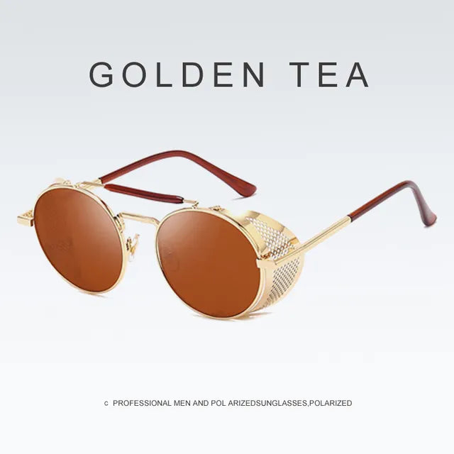 Steampunk round sunglasses, gold, brown, vintage-inspired.
