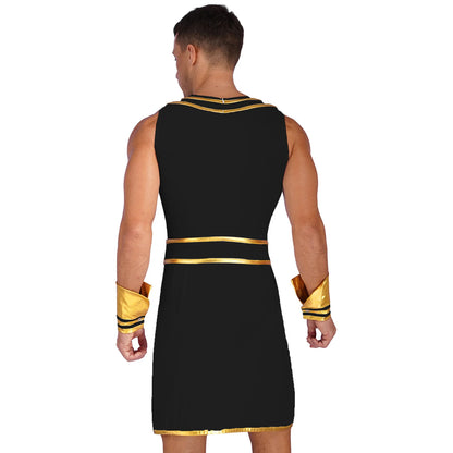 A man is seen from behind in a medieval-inspired mens cosplay dress, featuring a Maramalive™ Adults Men's Ancient Egypt Costume Halloween Greek Roman Toga Cosplay Dress One Shoulder Strap Suspender Ruffle Skirt Dress Up with gold accents and matching wristbands. His short hair contrasts sharply against the plain white background.