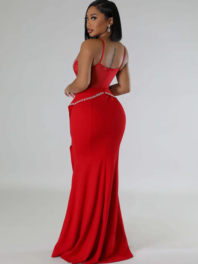 Perfect Red Rhinestones Long One-Piece Dress Gown Elegant Sleeveless Crystal Night Out Party Dress Celebrities Outfits