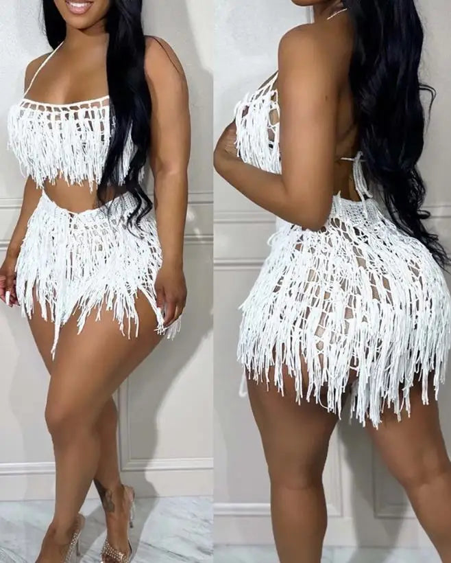 Sexy Womens Two Piece Sets Outfit Spaghetti Strap Crop Crochet Top & Tassel Design Shorts Set New Fashion 2023 Summer Casual