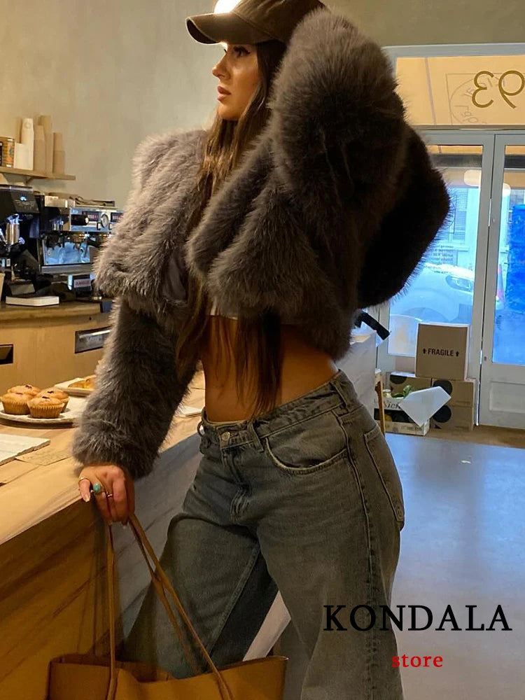 Vintage Gray Faux Fur Jackets Women O Neck Buttons Long Sleeve Coats Fashion 2024 Elegant Thick Outwears