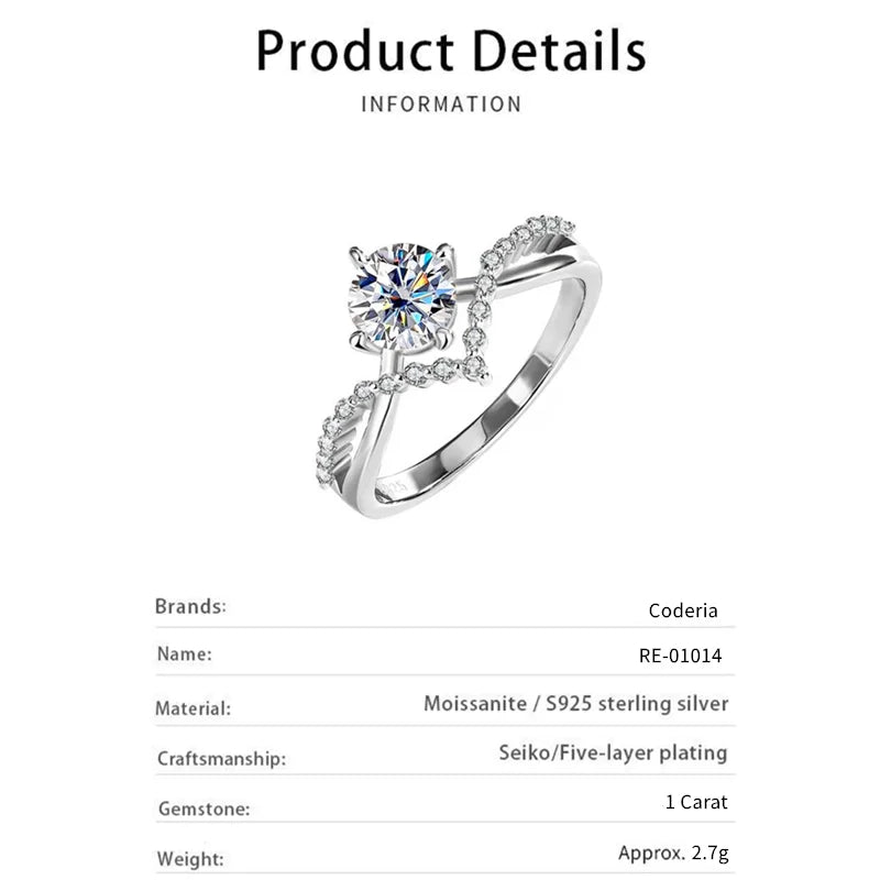 A stunning Pass Diamond Test D Color 1 Carat Moissanite Wedding Ring High Quality 18K White Gold Rings Fashion Sterling Silver Jewelry featuring a central moissanite gemstone and smaller diamonds on either side, crafted by Maramalive™.