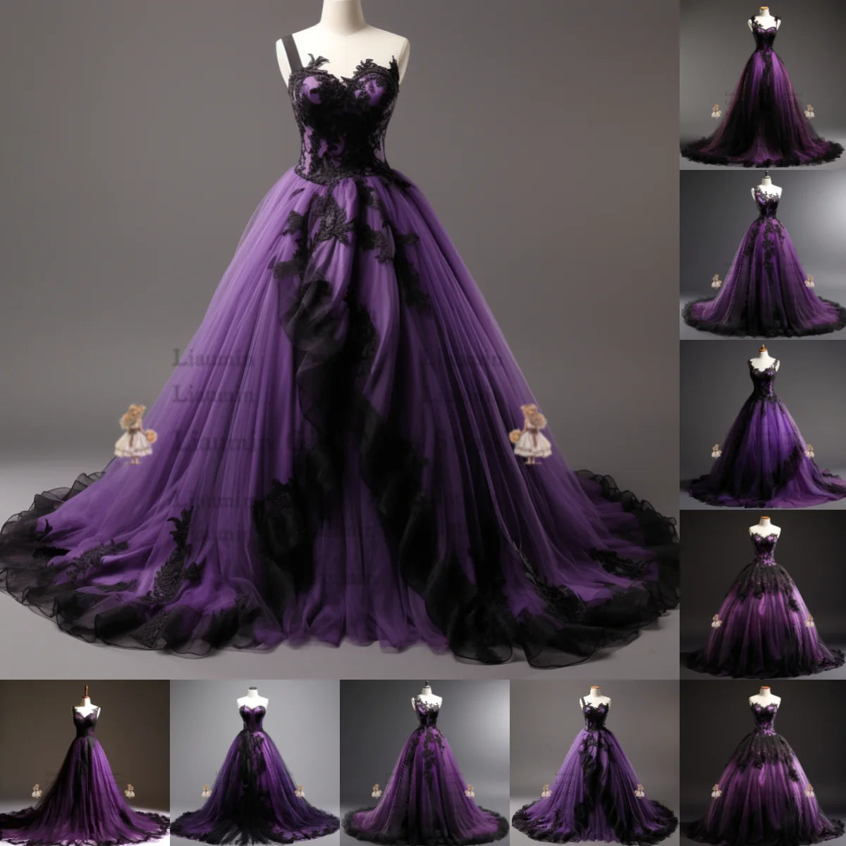 Purple and Black Lace Applique Strapless Ball Gown Full Length Evening Party Prom Dress Formal Occasion Hand Made Custom W2-3