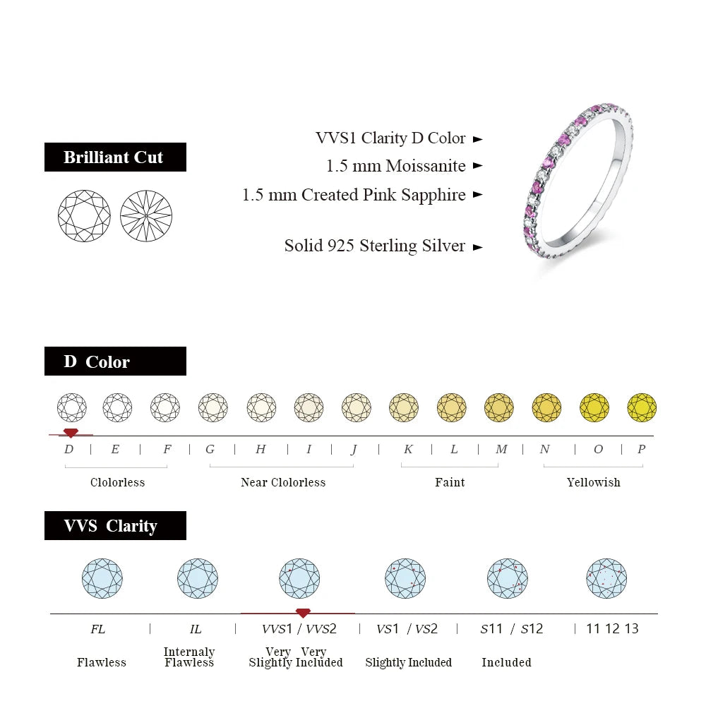 Round Moissanite Ring Real S925 Silver Stackable Rings for Women Pink and Blue Saphire Wedding Band Fine Jewelry