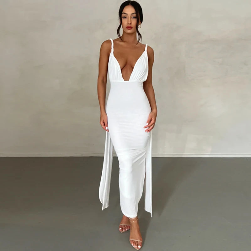 Deep V-Neck Backless Dress Elegant Party Dresses For Women 2023 Summer Ruched Wrap Bandage Long Dress Black White