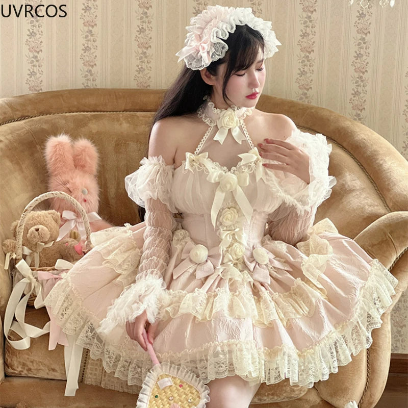 Victorian Gothic Lolita Dress Women Y2k Lace Bow Rose Flower Princess Dresses Elegant Wedding Party Mini Dress