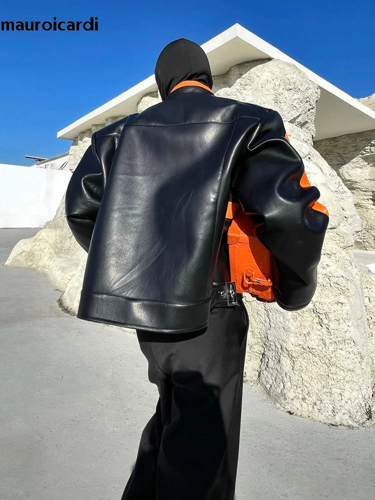Cool Loose Orange and Black Color Block Faux Leather Jacket Men Luxury Designer Zip Up Clothes 2023