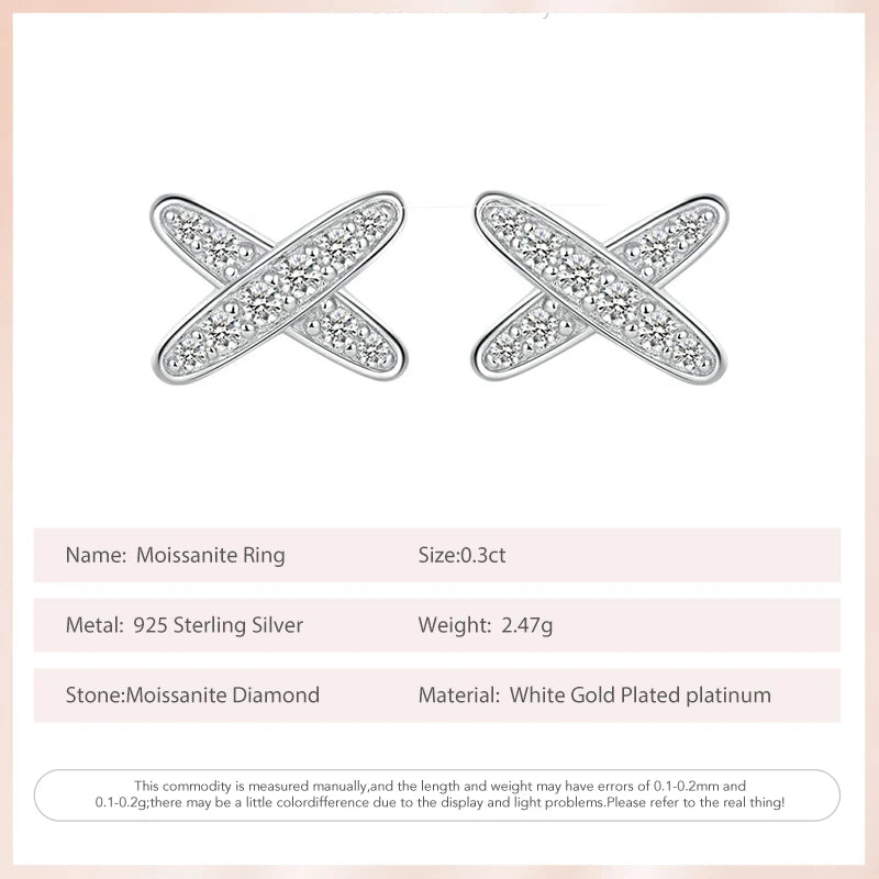 Follow Cloud 0.3ct Real Moissanite Diamond Stud Earrings for Women Cross Wedding Sparkling 925 Silver Simulated Diamond Ear Stud