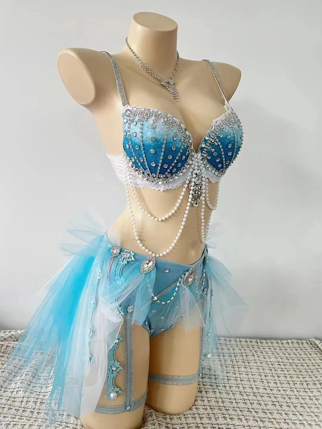 Sparkling Pearl Tassels Sexy Gathering Bikini Outfits Bar Nightclub Female Singer Dancer Stage Party Rave Music Festival Set