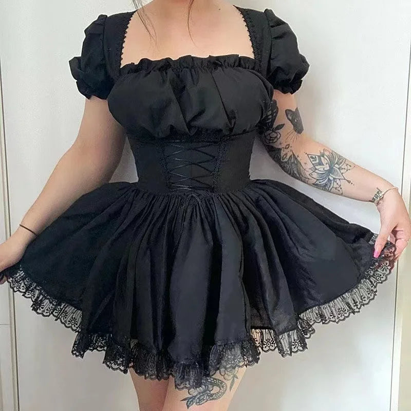 Lolita Black Dress Goth Aesthetic Puff Sleeve High Waist Vintage Bandage Lace Trim Party Gothic Clothes Summer Dress Woman 2024