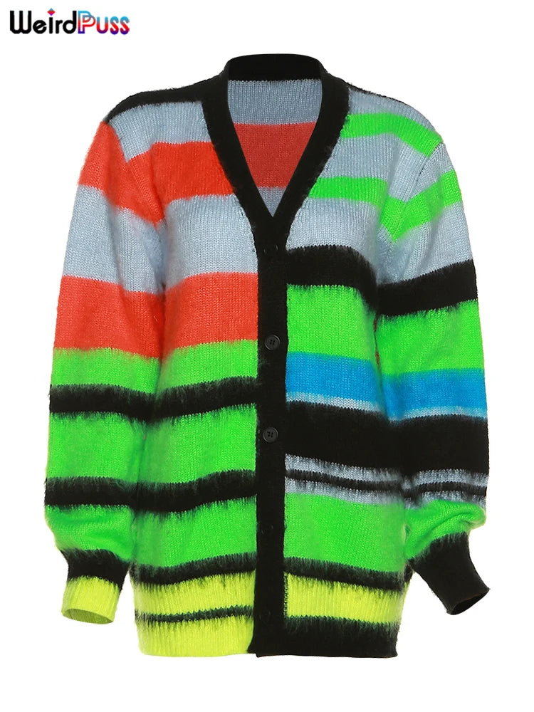 A colorful, fuzzy Maramalive™ 2022 Cardigan Sweater Y2K Women Button Contrast Color Patchwork V-Neck Lantern Sleeve Top Street Hipster Loose Coat with horizontal stripes in orange, green, blue, and black, featuring a retro Y2K vibe and lantern sleeves.