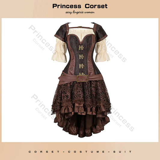 Brown Pirate Dress Plus Size Faux Leather Steampunk Corset Dress with Shoulder Off Blouse Cosplay Pirate Costume for Women