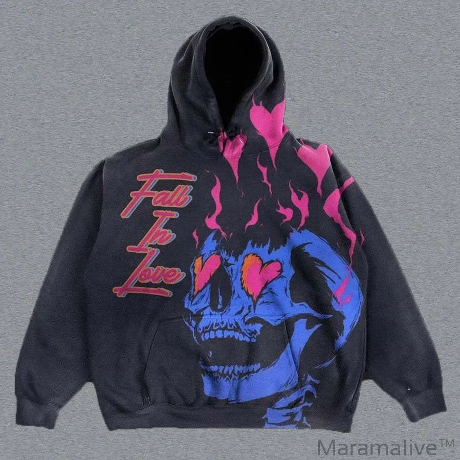 Explosions Printed Skull Y2K Retro Hooded Sweater Coat Street Style Gothic Casual Fashion Hooded Sweater Men's Female