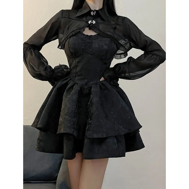 Black Sexy Lolita Dress Women Gothic Vintage Mini Dresses Halloween Cosplay Costumes Long Sleeve Fairy Dress Woman