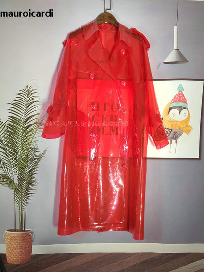 Cool Long Red Transparent Faux Trench Coat Men Double Breasted Luxury Designer Emo Clothes