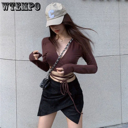 Women Crop Top Summer Long Sleeve Corset Y2k Tops Tanktop Navel Tie Thin Black T-Shirt Ladies Boho Gothic Sexy Clothes