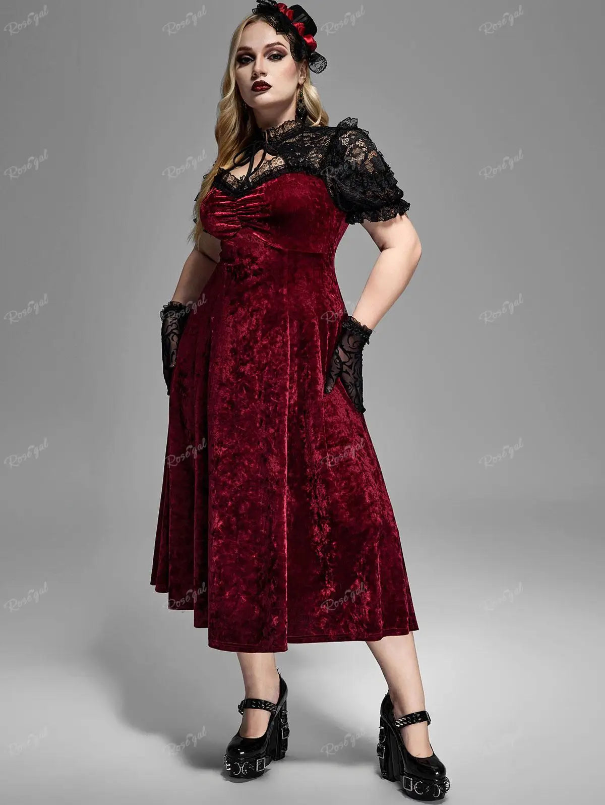 Plus Size Elegant Women's Dresses Gothic Lace Panel Cut Out Ruched Cinched Velvet Party Dress Puff Sleeves Vestidos