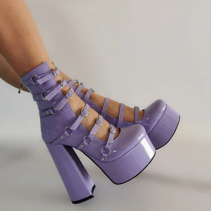 Purple Lolita Women's High Heels 15cm with Thick Bottom Buckle Round Head Hollow Out for Comfort Sweet Sandals