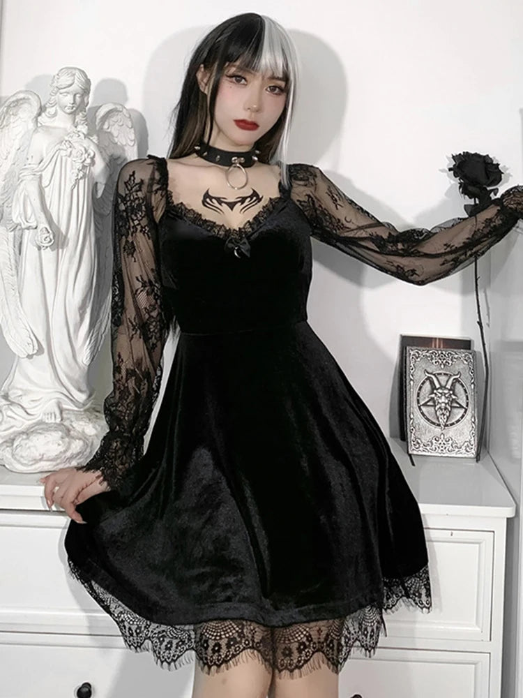 Black Gothic Lolita Style Dress for Women Lace Trim High Waist Bodycon Vestidos E-girl 90s Vintage Punk Grunge Clothes