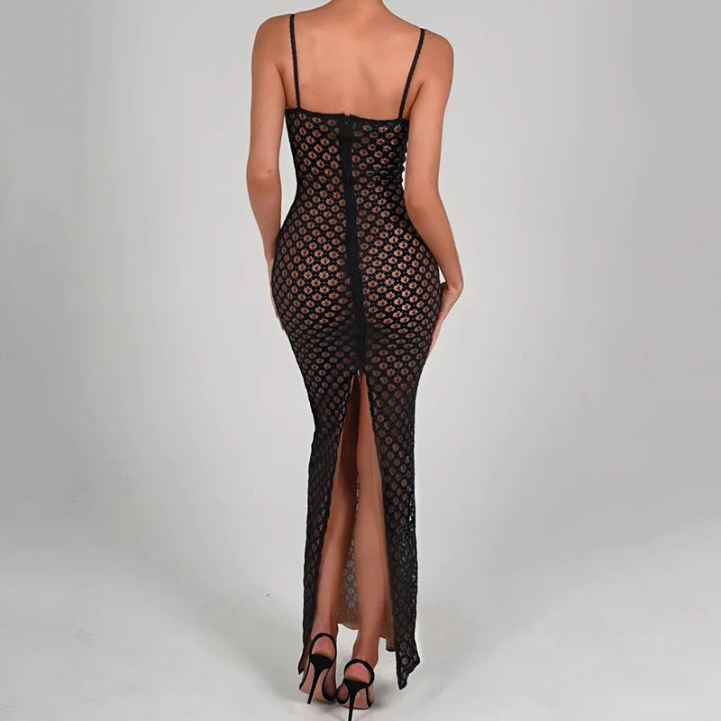 Sexy Halter Bodice Dress Fashion Lace Backless Polka Dot Dress Women's Black Floor-Length Dress Elegant Mesh See Through Dresses