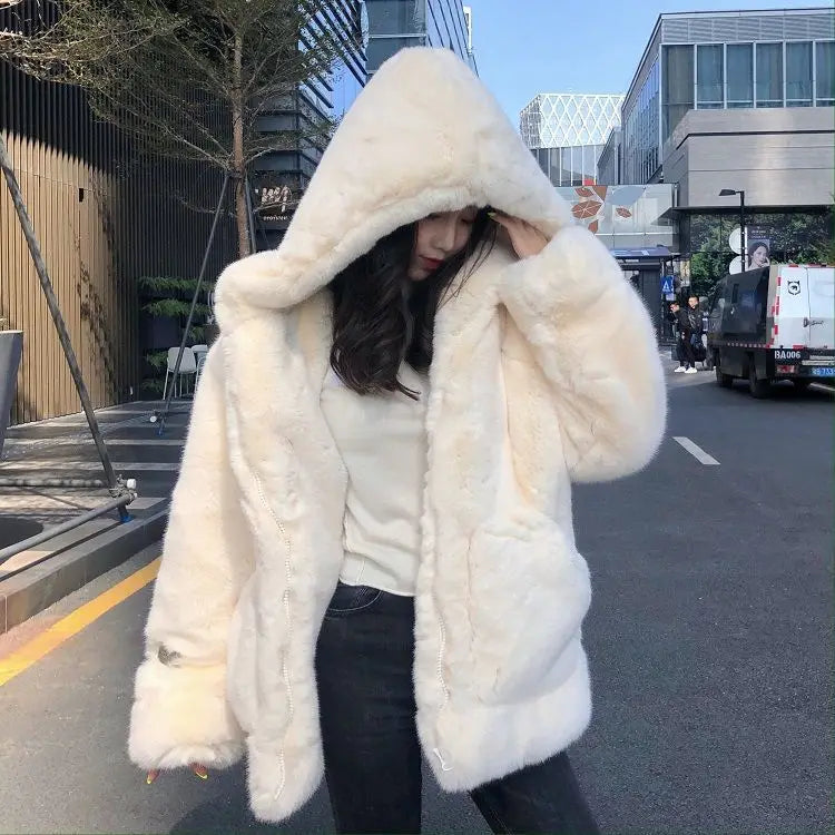 Thickened Mink Velvet Coat Women Winter Clothes New Jacket Version Loose Imitation Rabbit Fur Plush Hooded Fur Coat
