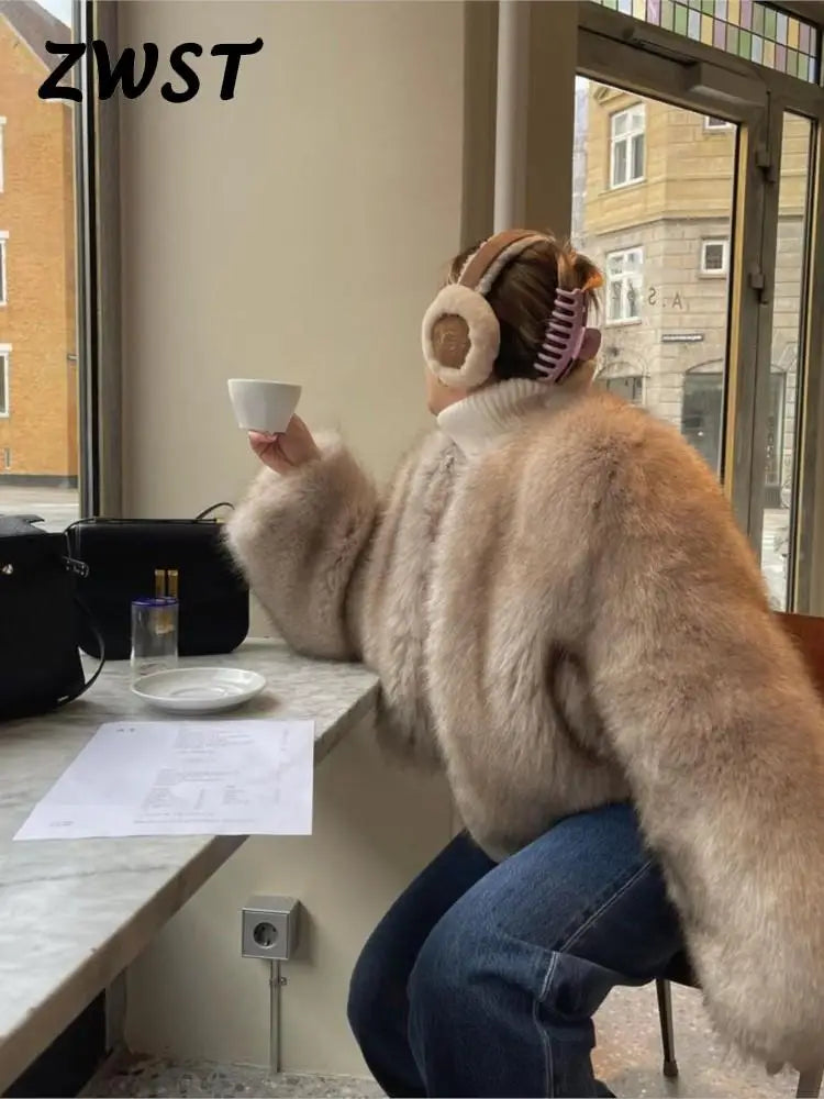 Warm Fluffy Faux Fur Jacket Coat Women Loose Long Sleeve V-neck Female Cardigan 2023 Winter Fashion Lady Overcoat Streetwear