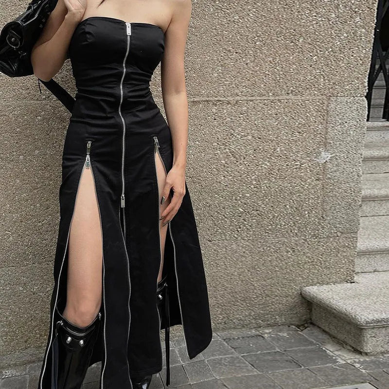 Goth Dark Techwear Fashion Zip Up Midi Dresses Cyber Y2k Mall Gothic Split Women Tube Dress Partywear Punk Off Shoulder Outfits
