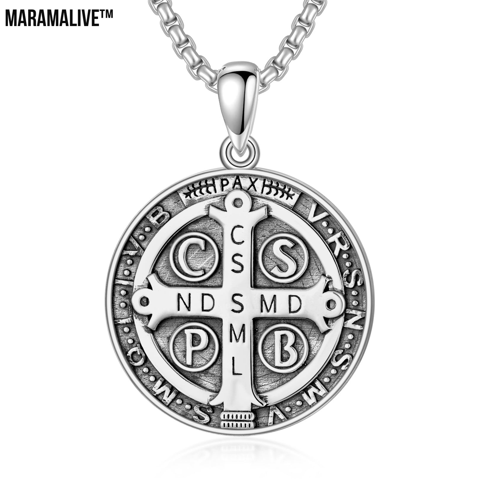 Saint Benedict Necklace NR Cross Catholic Protection Pendant Coin 925 Sterling Silver Jewelry Gifts for Men Women