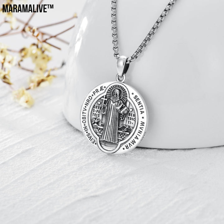 Saint Benedict Necklace NR Cross Catholic Protection Pendant Coin 925 Sterling Silver Jewelry Gifts for Men Women