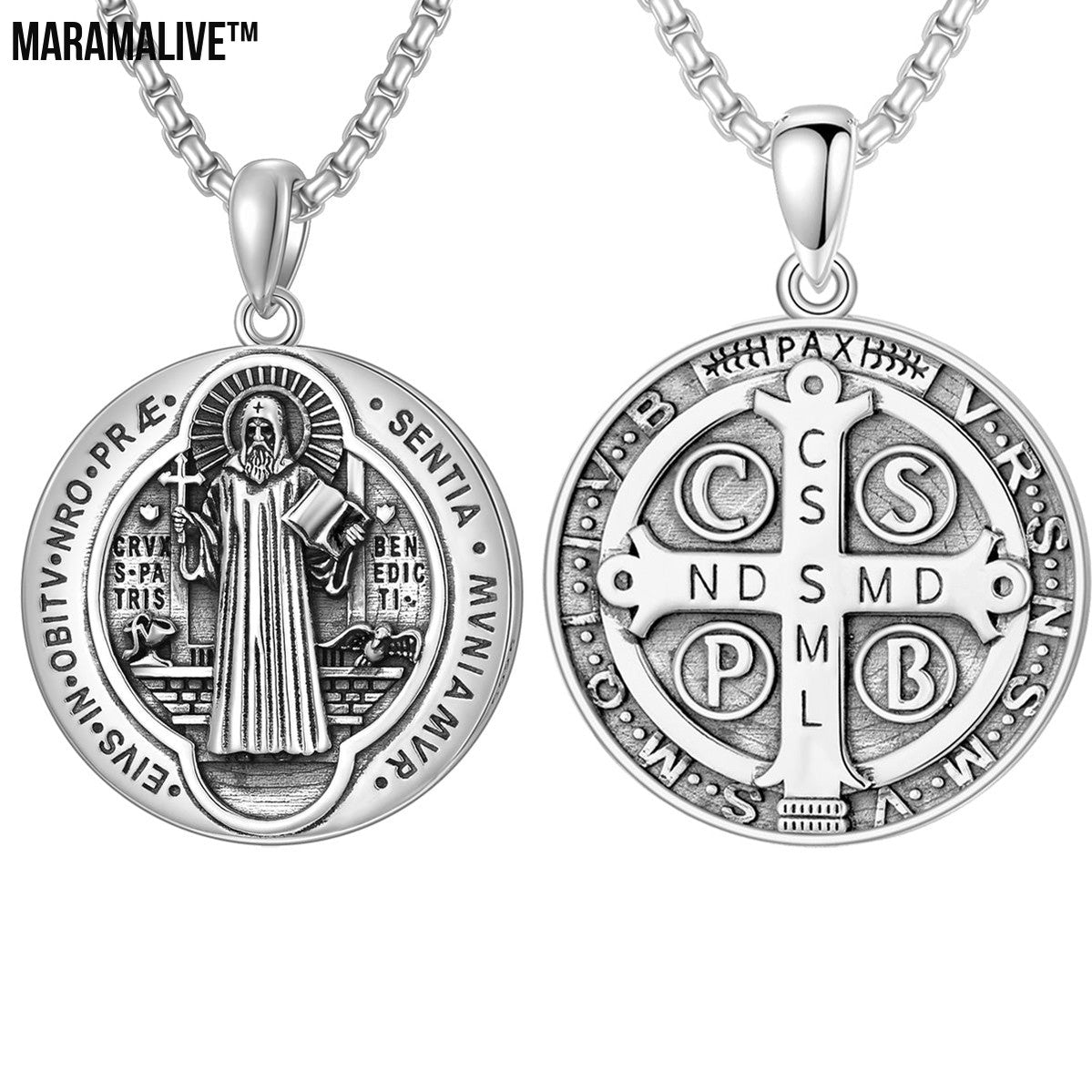 Saint Benedict Necklace NR Cross Catholic Protection Pendant Coin 925 Sterling Silver Jewelry Gifts for Men Women