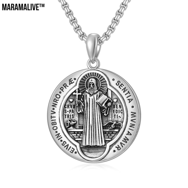 Saint Benedict Necklace NR Cross Catholic Protection Pendant Coin 925 Sterling Silver Jewelry Gifts for Men Women