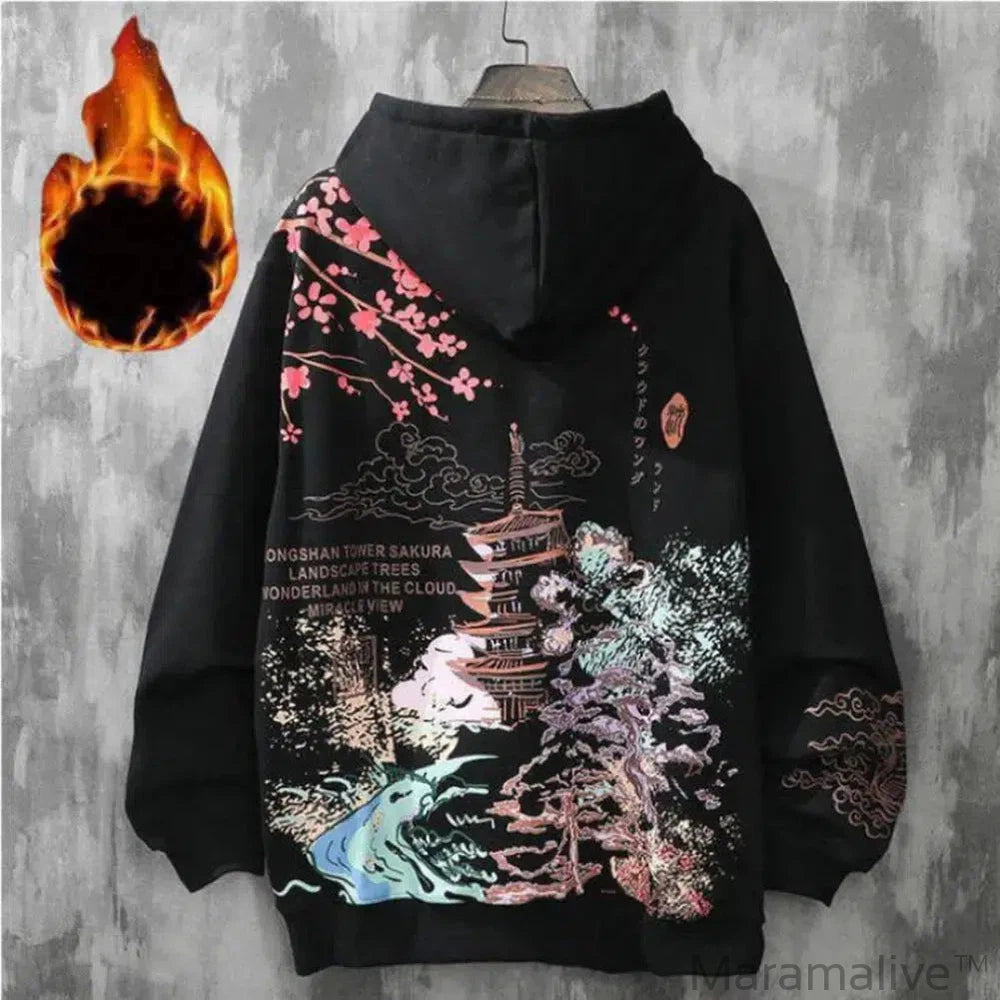 Sakura Print Men's Hoodie Plus Velvet Loose Minimalistic Hoodie Clothes Harajuku Men Anime Japanese Men Pullover Sweatshirt